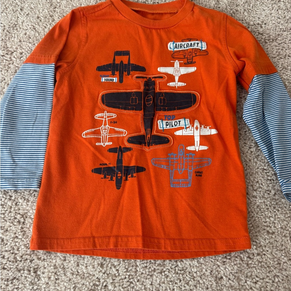 Kids Headquarters Orange & Blue Striped-Sleeve Aircraft Graphic Long-Sleeve Tee